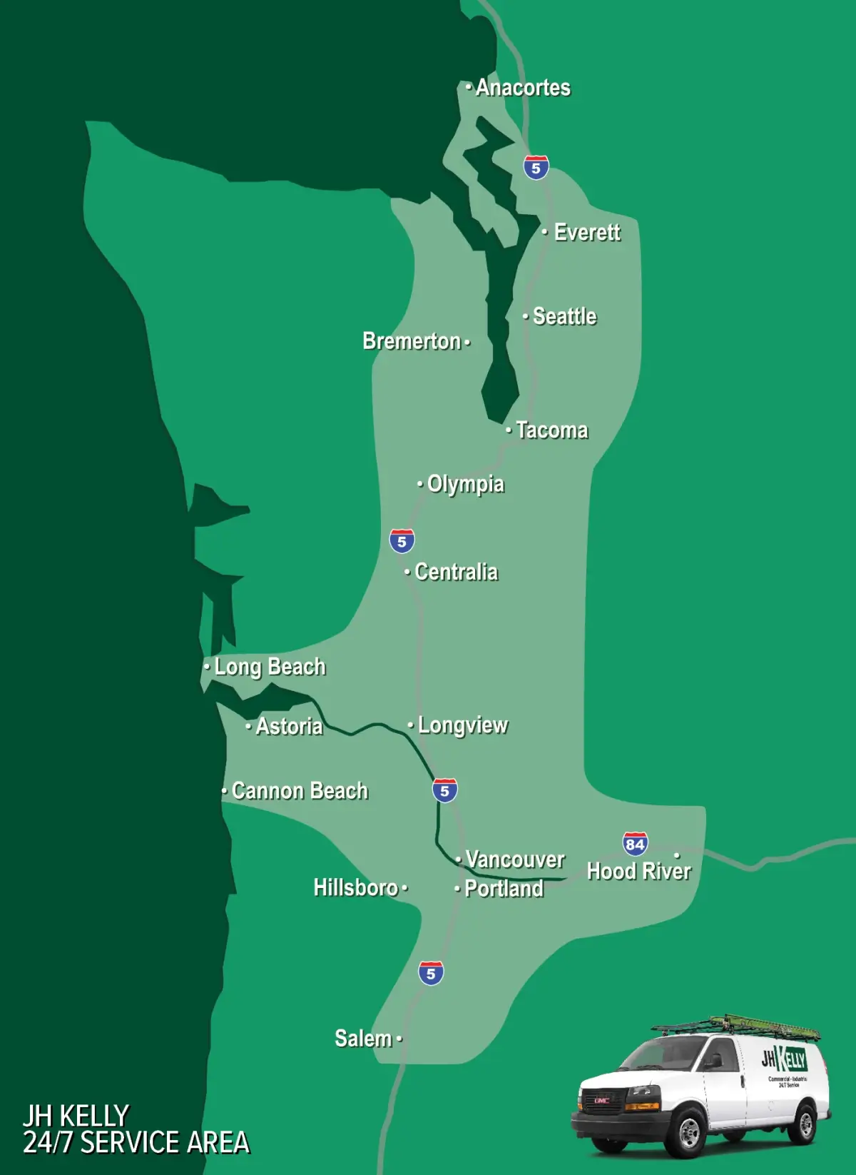 Service Area map for JH Kelly 24/7 Services